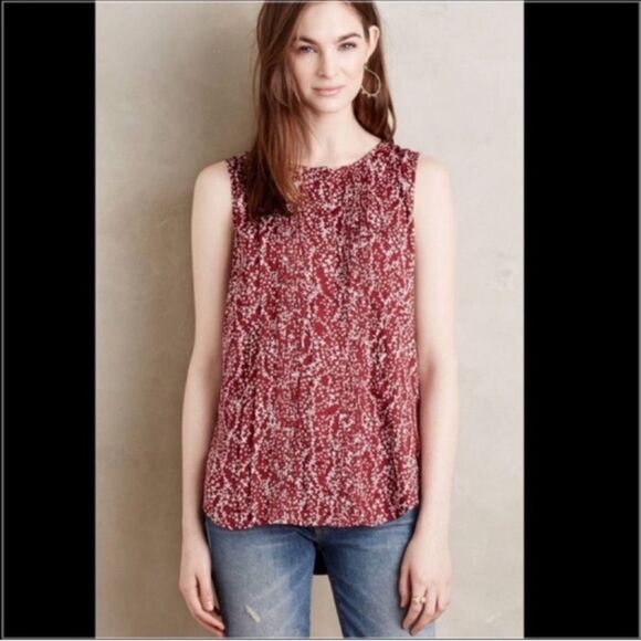 dolan x Anthro L Burgundy White Three Button Front Ditsy Floral Sleeveless Top - Picture 2 of 12